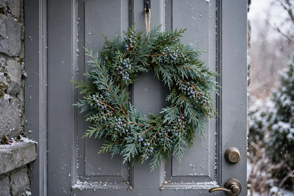 Cedar and juniper wreath with blue green branches on a grey door