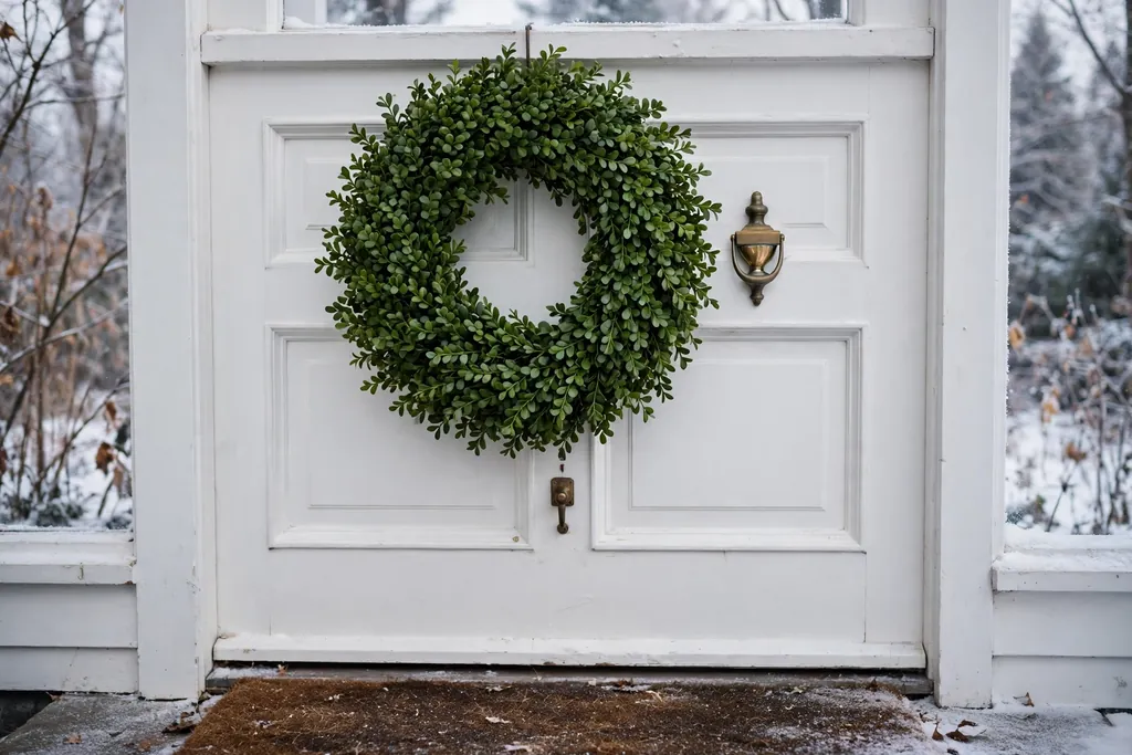 Dense boxwood wreath with small round leaves on a white door