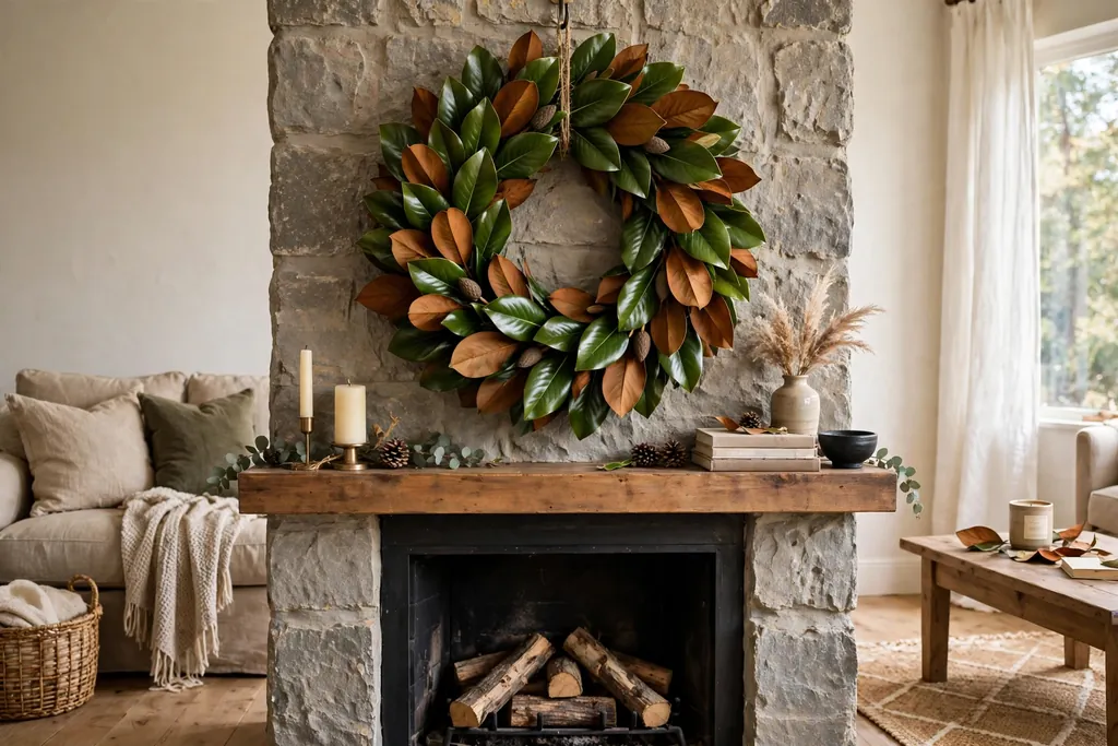 Magnolia leaf wreath with large green and brown leaves above a mantel