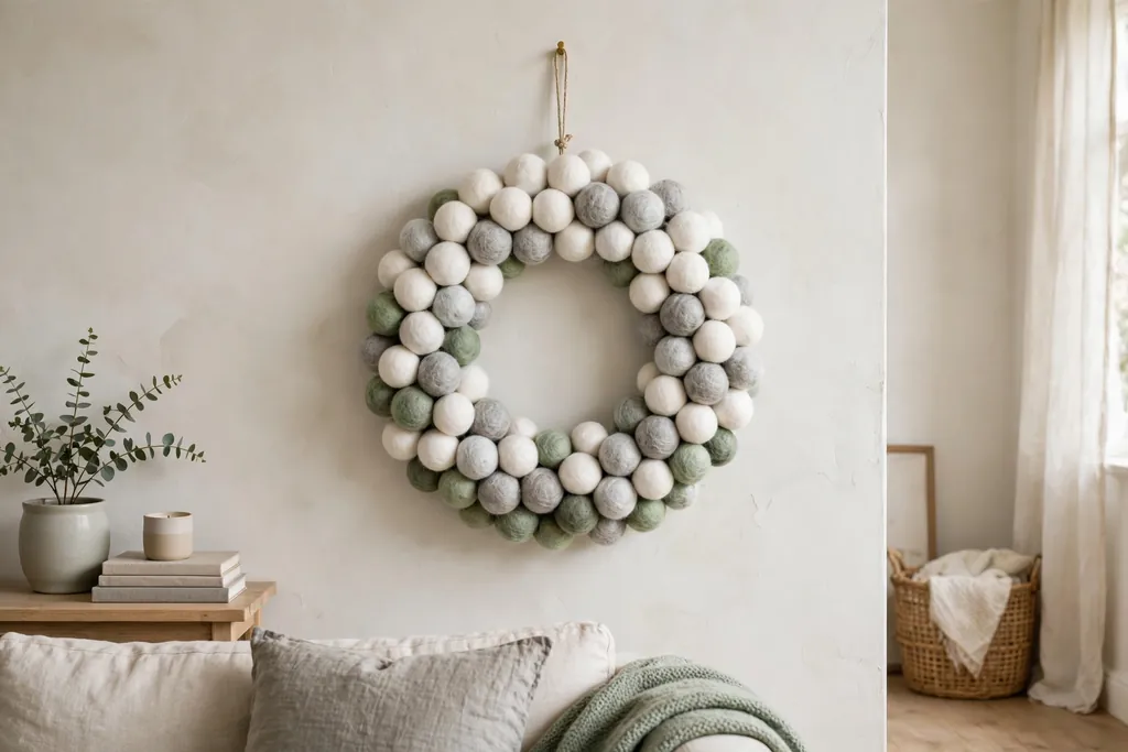 Wool felt ball wreath in white, grey, and soft green on an indoor wall