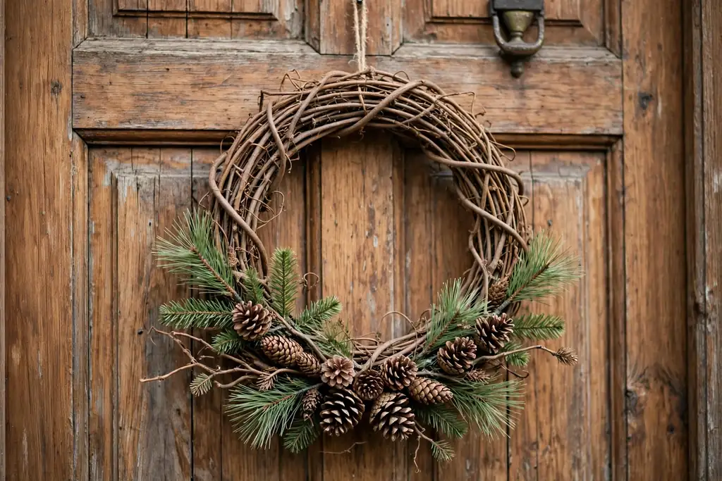 Grapevine wreath with pine sprigs and pinecones on a wood door