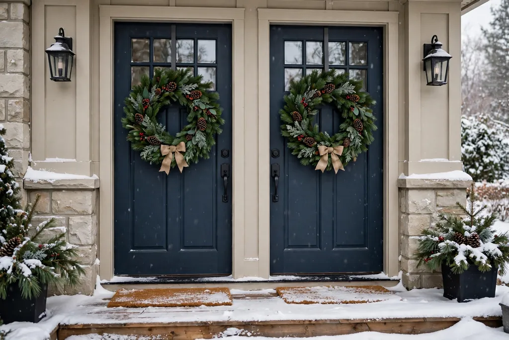 Matching pair of pine wreaths on double front doors
