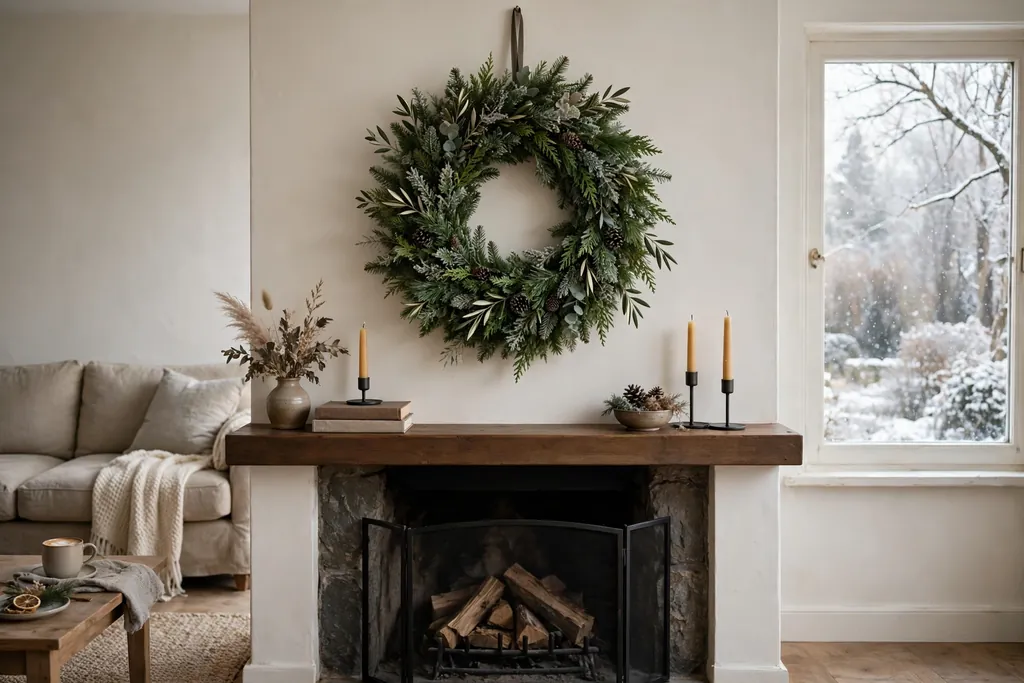 Winter wreath centered above a fireplace mantel in a living room
