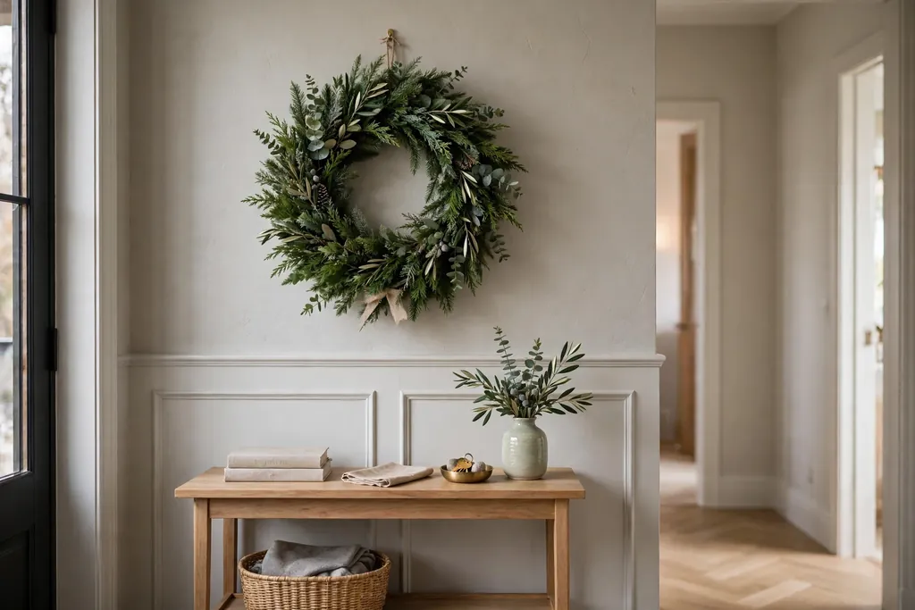 Wreath above an entry console table in a hallway