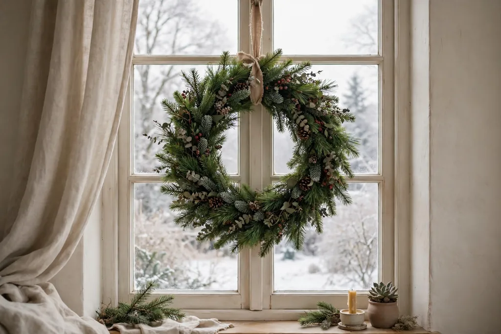 Pine wreath hanging centered in a window in winter