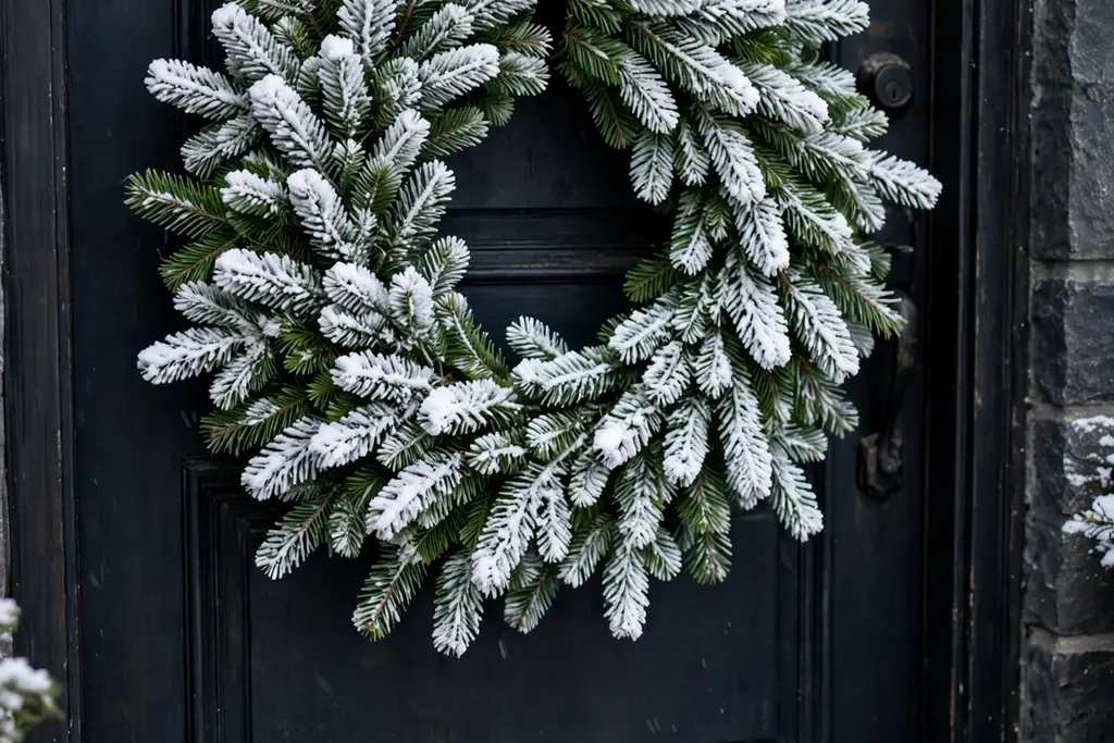 Flocked wreath with snowy white tipped branches on a dark door