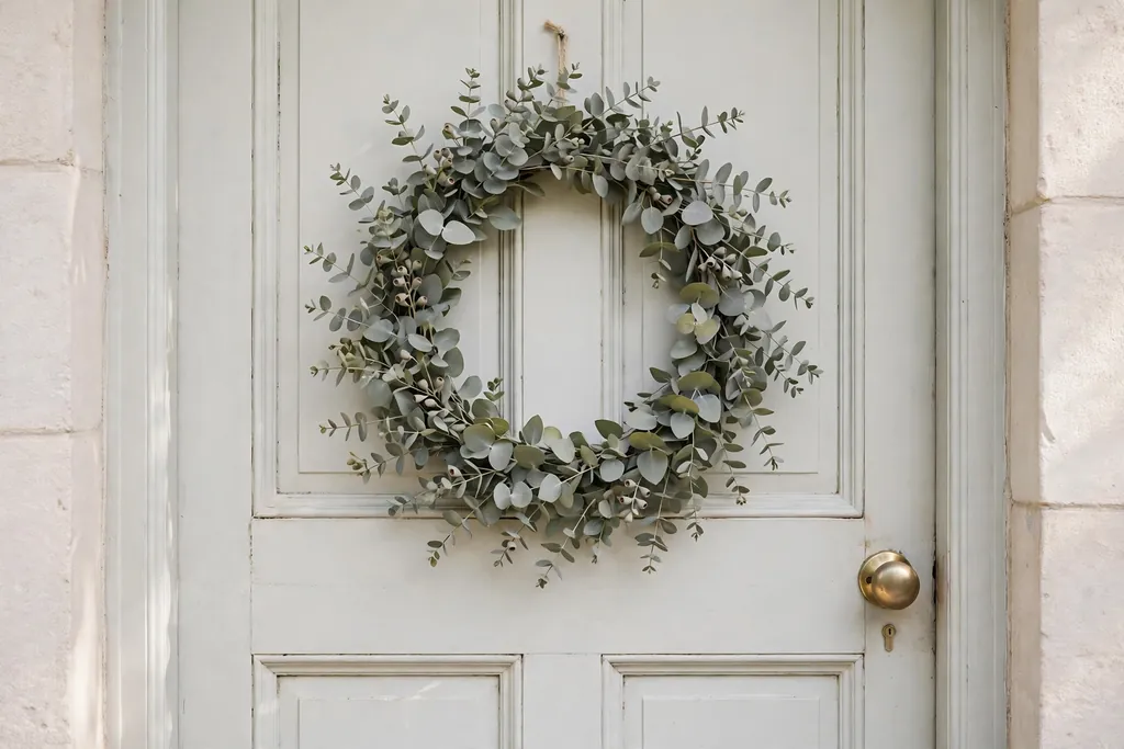 Simple eucalyptus wreath with grey green leaves on a light door