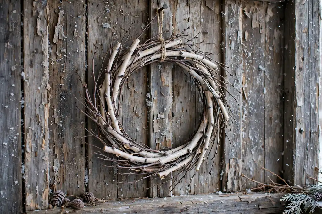 Bare birch twig wreath hanging on a rustic wooden wall
