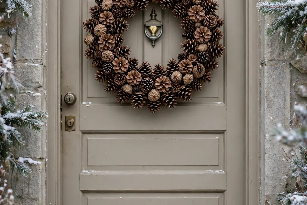 Wreath covered in natural brown pinecones on a neutral door