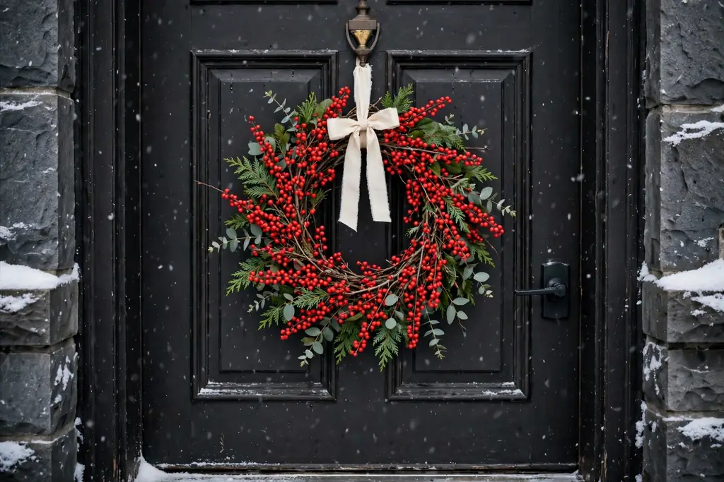 Red winterberry wreath with green leaves on a dark front door