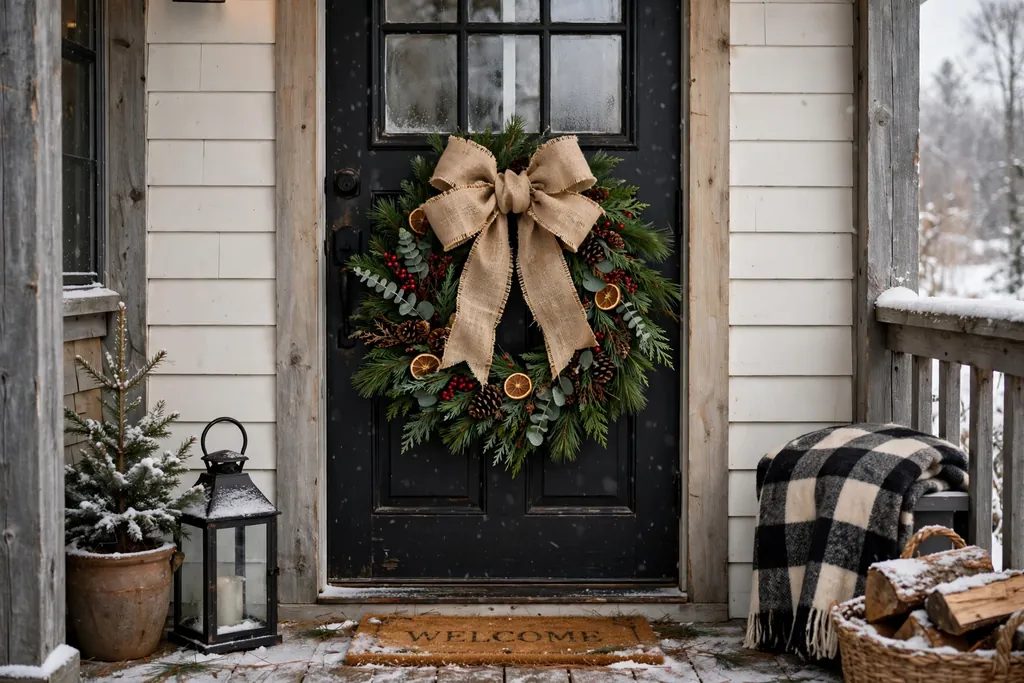 Pine wreath with a wide burlap bow on a farmhouse porch