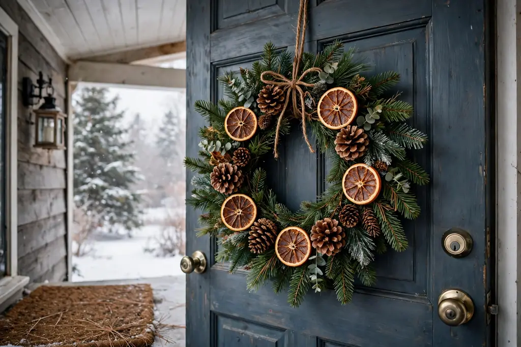 Pine wreath with dried orange slices and pinecones on a porch