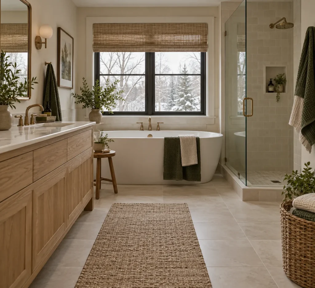 Cream-tiled bathroom with an oak vanity and green towels.