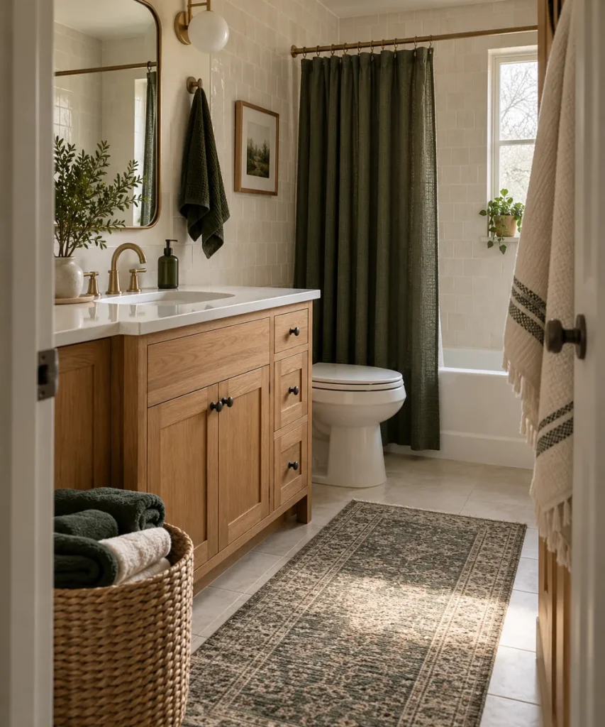 Cream-tiled bathroom with an oak vanity and green towels.