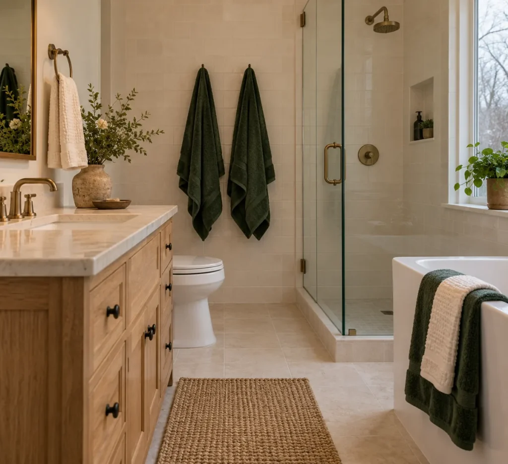 Forest green towels beside an oak vanity in a cream-tiled bathroom.