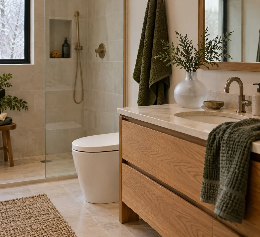 A pale vase on an oak vanity in a winter-styled bathroom.