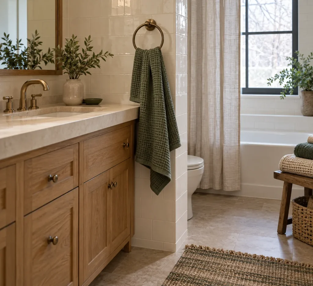A textured hand towel hanging beside a white basin.