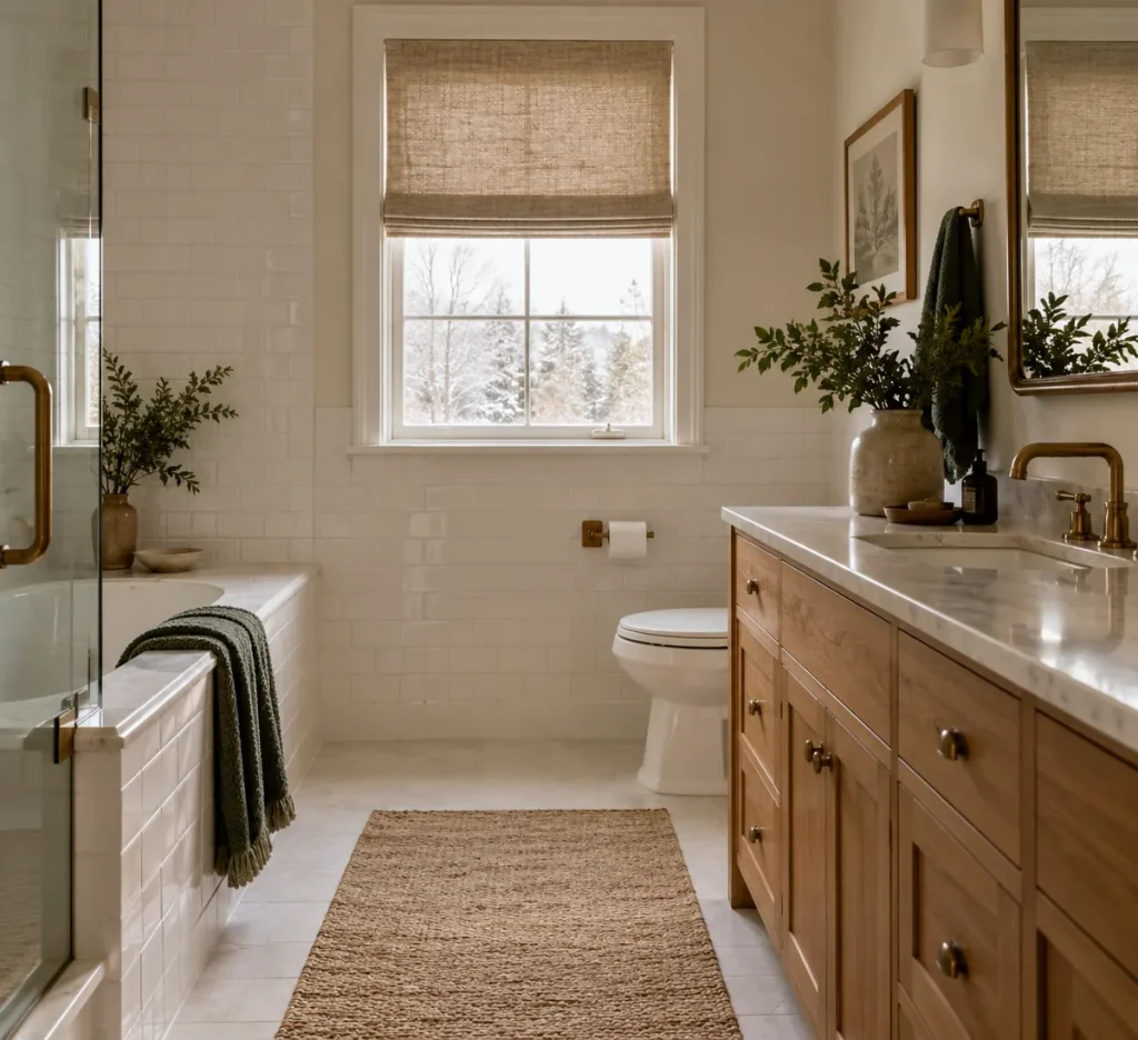 A simple shade over a bathroom window with cream walls.