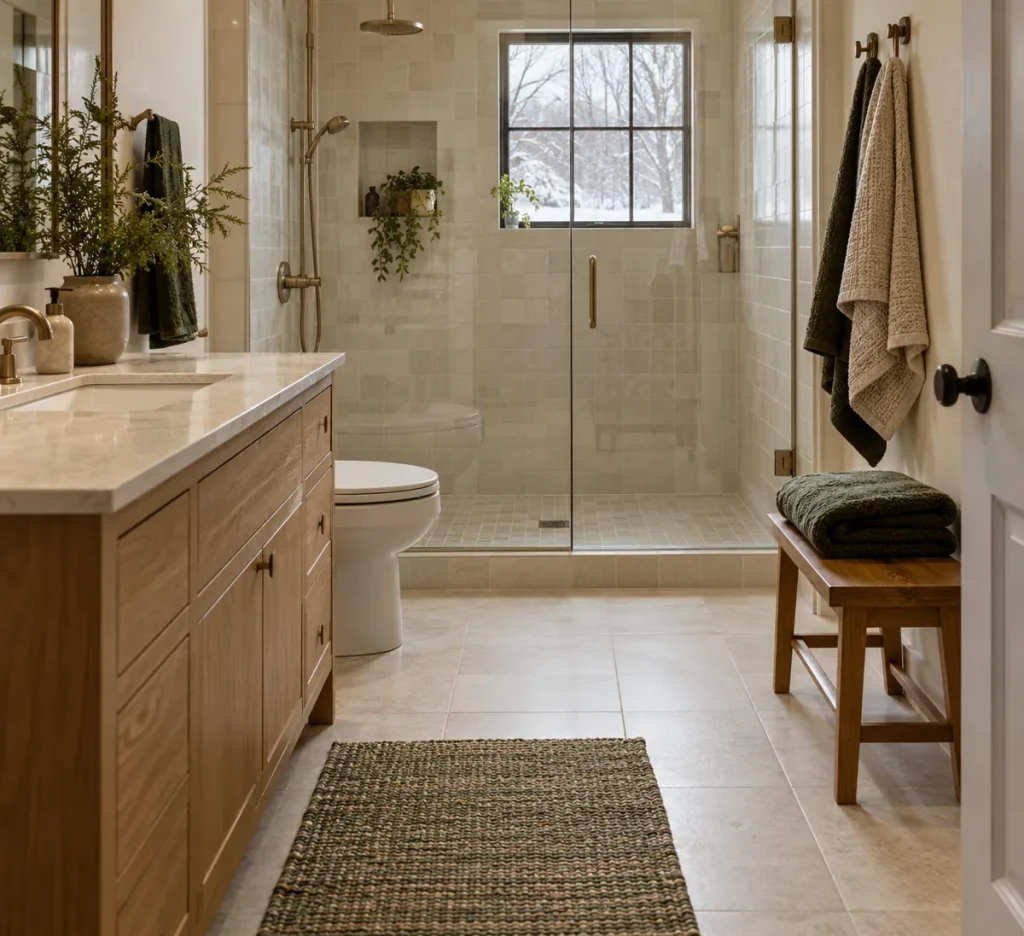 A small wooden bench in a clear bathroom floor area.