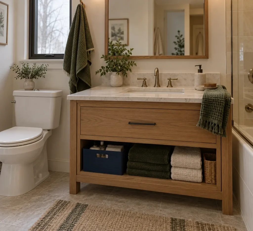 A navy storage box on an open shelf beneath the vanity.