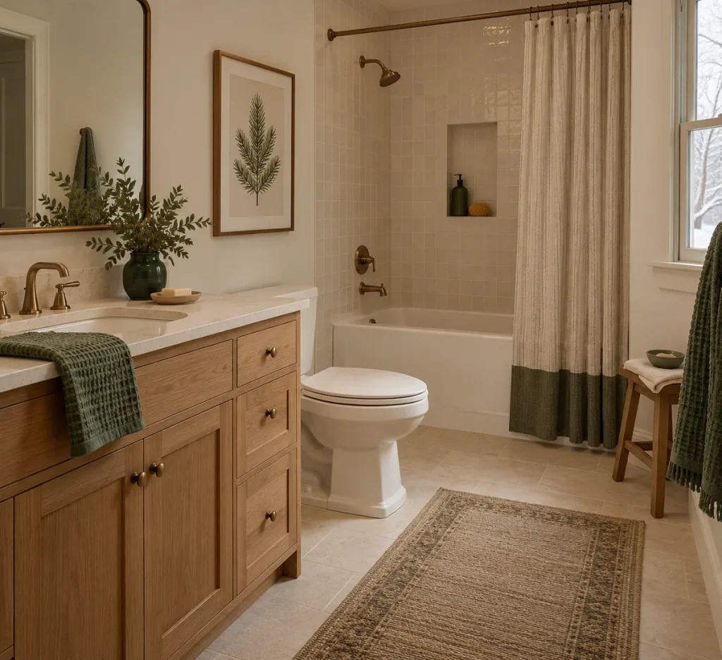 A framed botanical print above an oak bathroom cabinet.