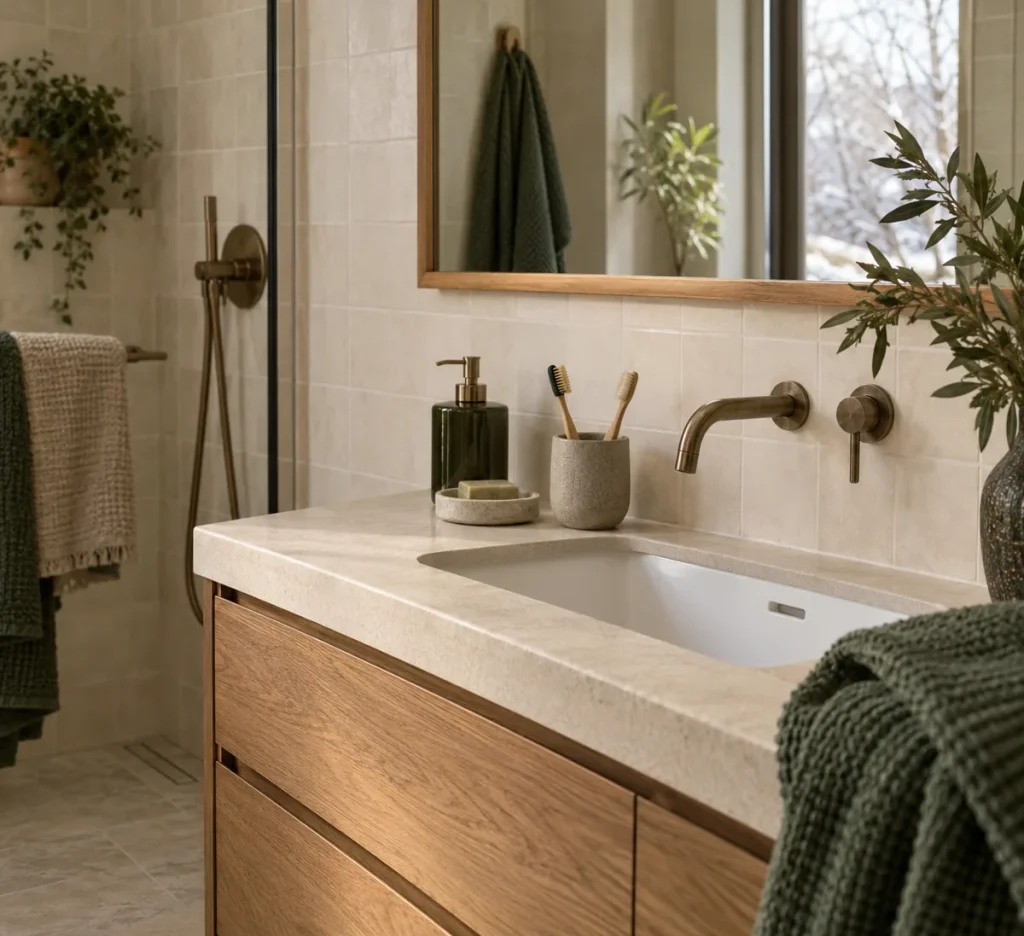 A stoneware cup beside a basin and green hand towel.