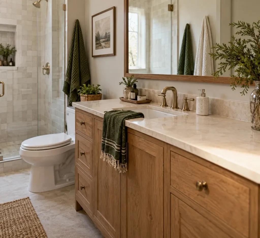 An open patch of countertop beside a white bathroom sink.