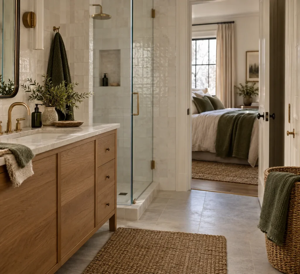 A bathroom doorway connecting green and cream room accents.