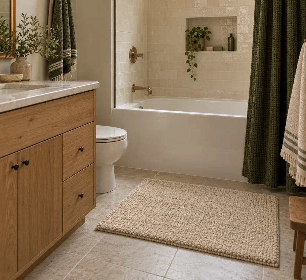 A cream bath mat on pale tile in front of a white tub.