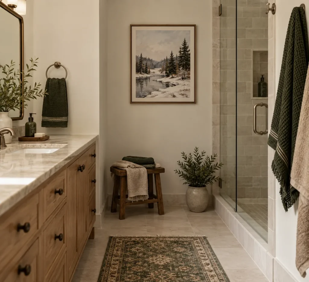 A framed snowy landscape on a dry bathroom wall.