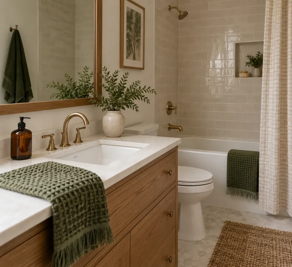 An amber soap dispenser beside a white bathroom sink.