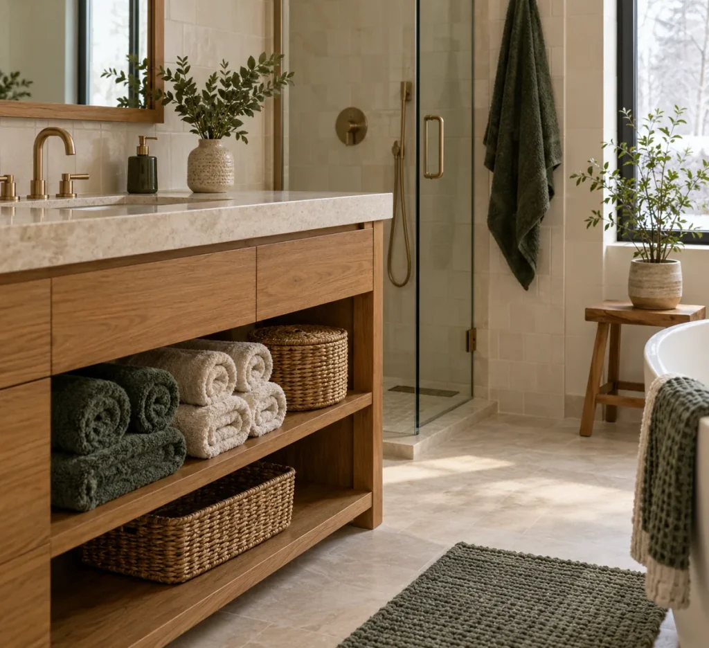 Rolled spare towels on an open shelf below an oak vanity.