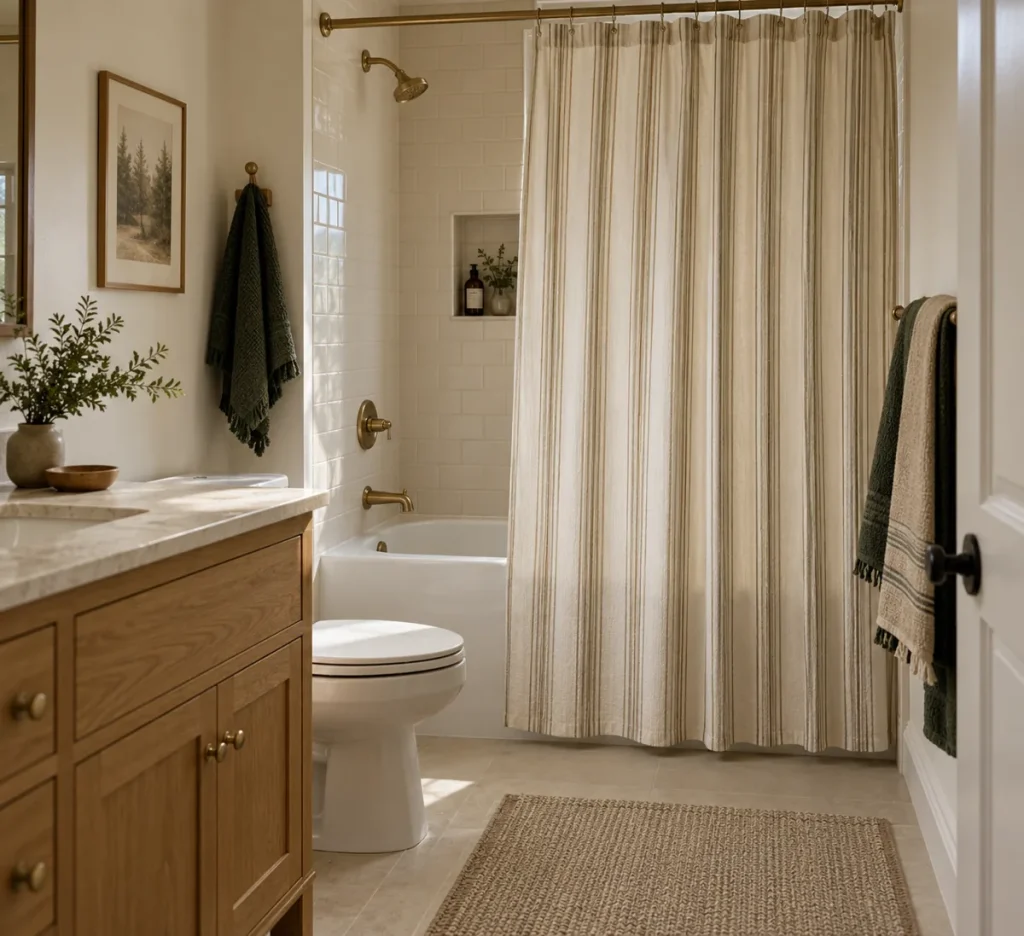 A pale shower curtain beside an oak vanity and green towels.