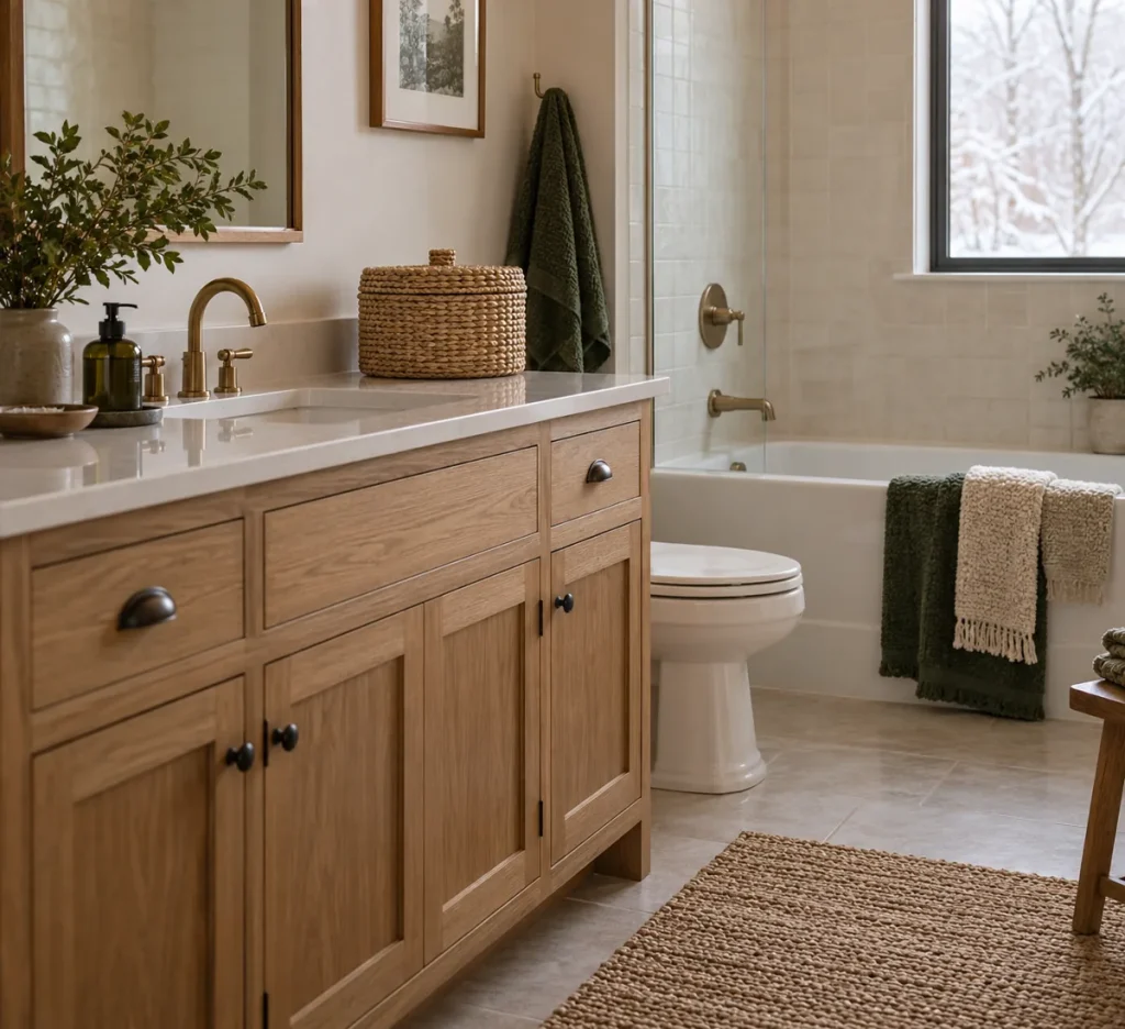 A lidded woven basket on a dry bathroom counter.