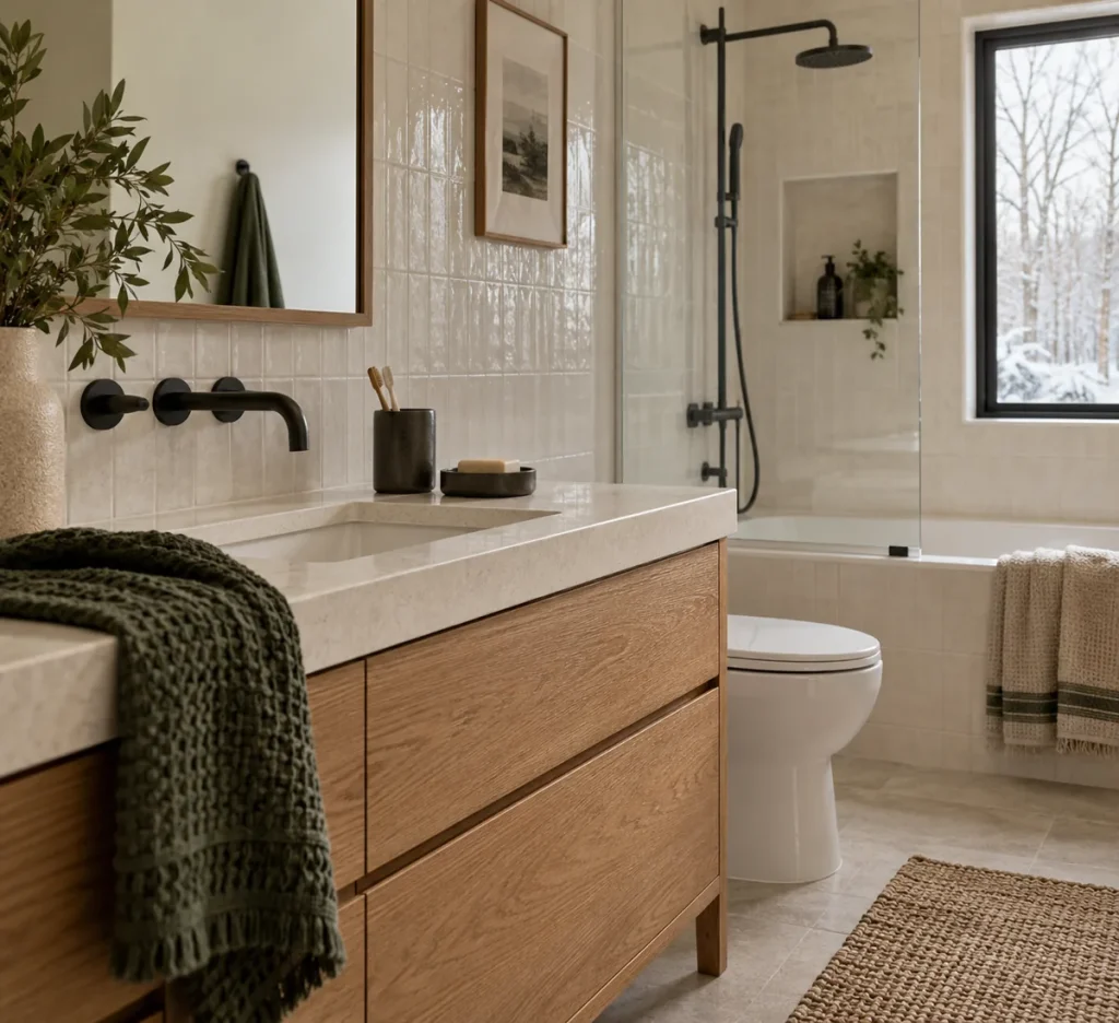 Dark bathroom accessories beside pale tile and green towels.
