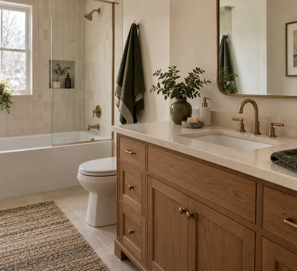 Cream-tiled bathroom with an oak vanity and green towels.