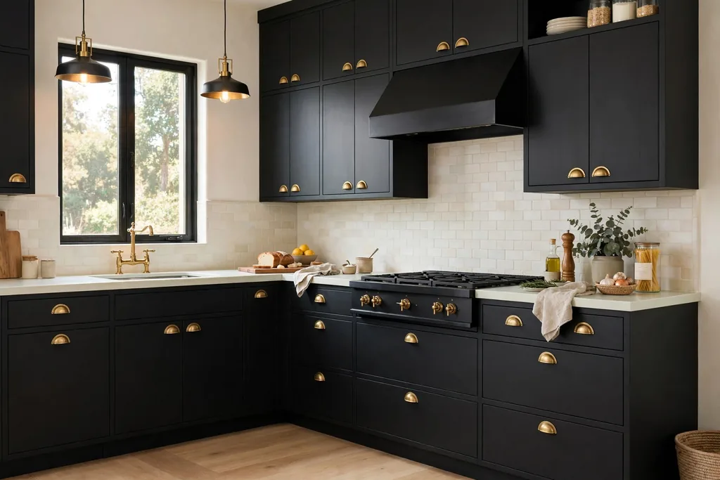 Kitchen with matte black base cabinets, brass cup pulls, and a pale countertop.