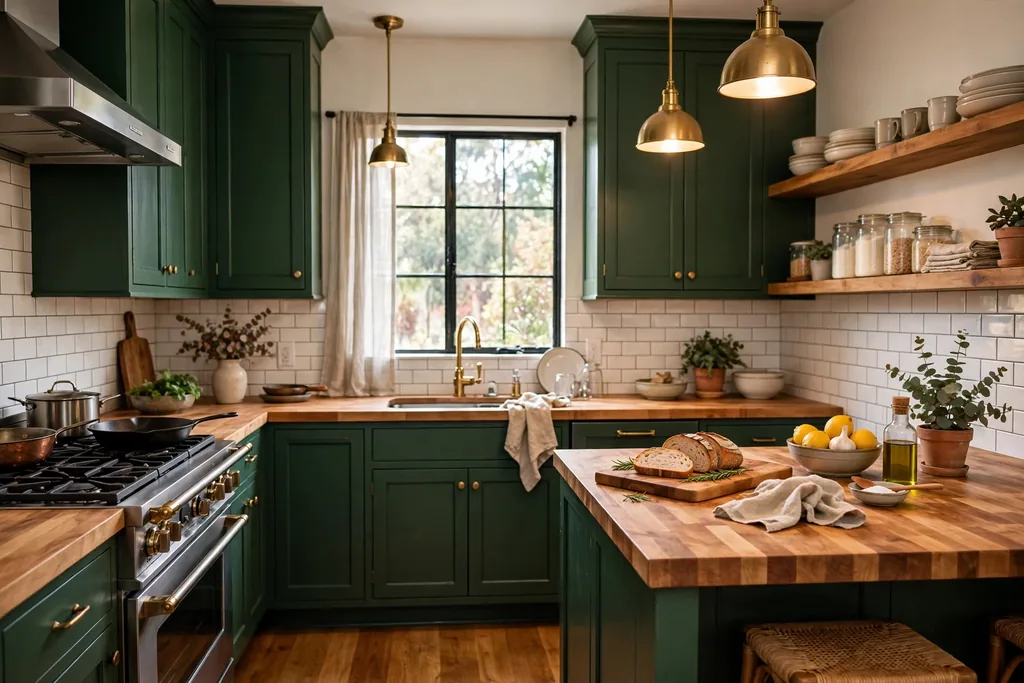 Kitchen with deep green cabinets and a warm butcher block countertop.