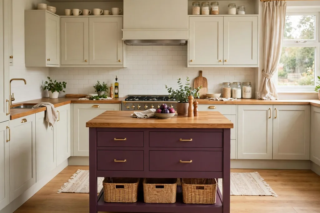 Kitchen with a plum island, pale cabinets, and a wood countertop.