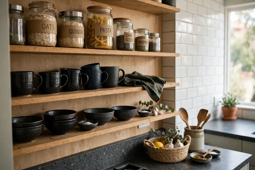 Open kitchen shelves with glass jars, dark mugs, and bowls.