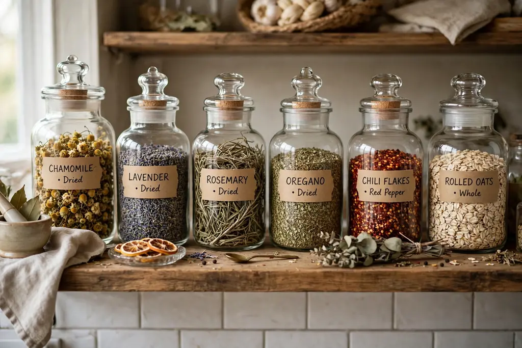 Labeled glass apothecary jars filled with dried herbs and dry goods on a shelf.