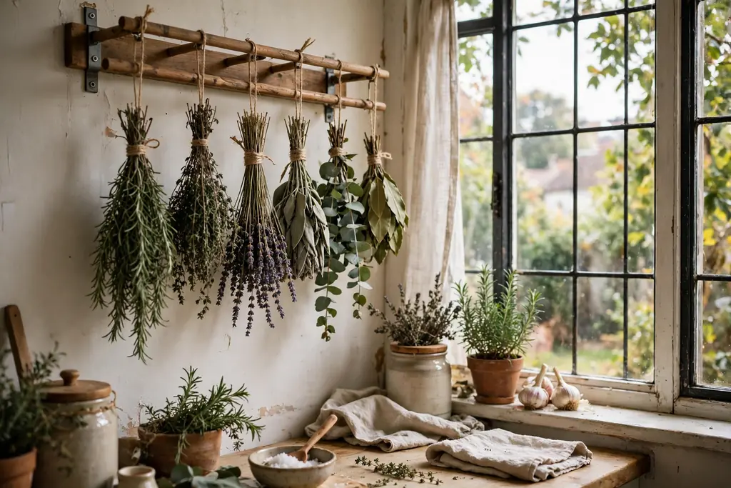 Herb bundles hanging upside down on a rack near a kitchen window.