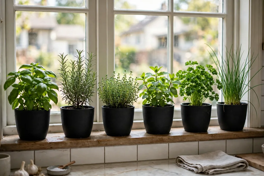 Potted herbs in black pots lined along a kitchen windowsill.