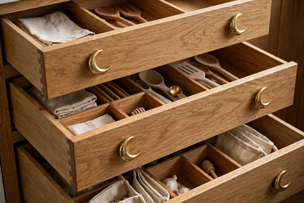 Kitchen drawers with crescent moon knobs in brass.