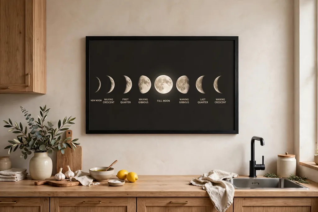 Moon phase wall art in a black frame above a kitchen counter.