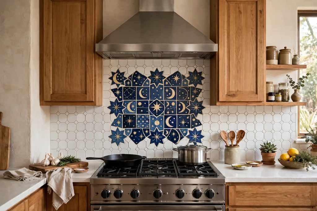 Kitchen backsplash accent with star and moon tiles behind a stove.