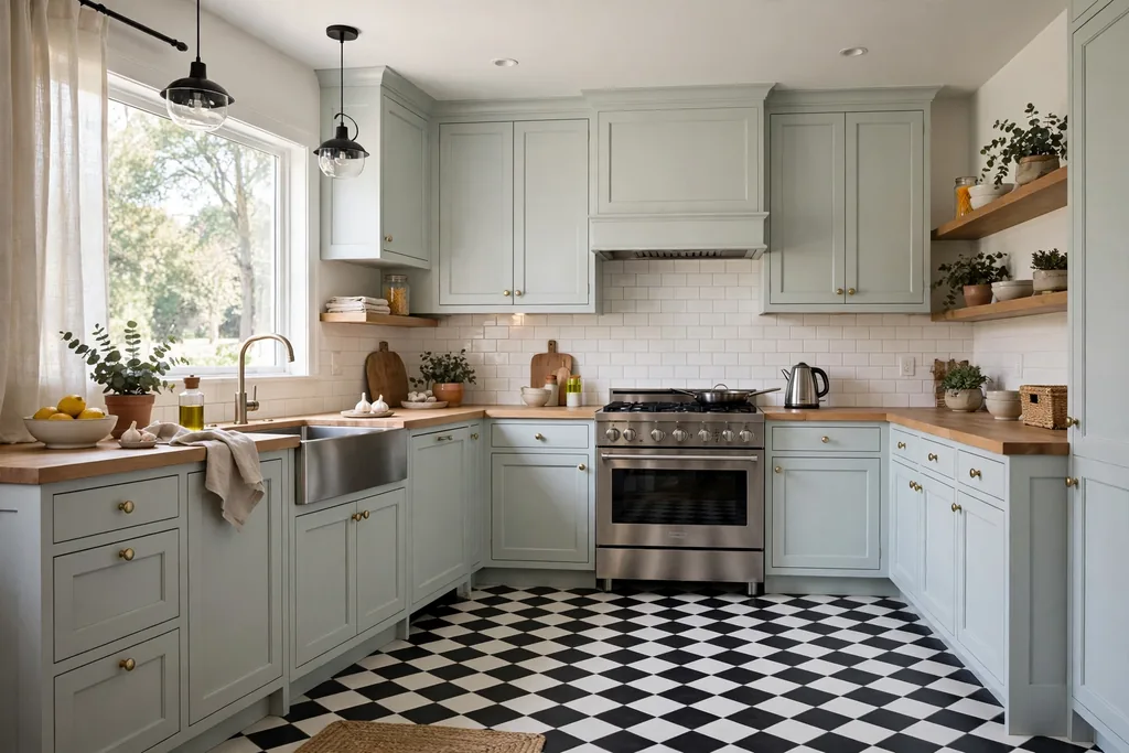 Kitchen with a black and white checkerboard tile floor and pale cabinets.