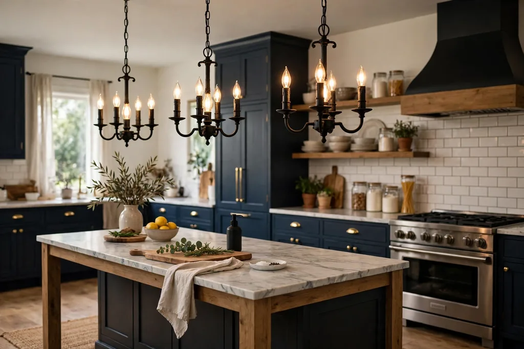 Kitchen island with black iron candle-style pendant lights and warm bulbs.