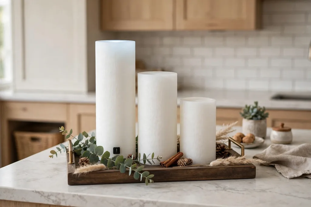Flameless candles in different heights grouped on a tray on a kitchen counter.