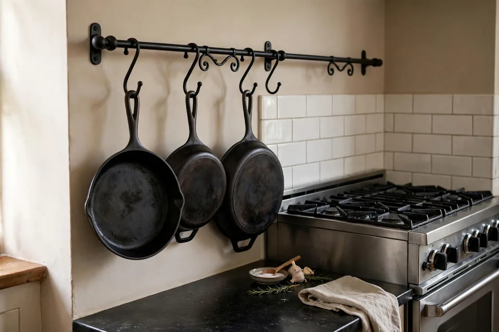 Black wrought iron rail with hooks holding cast iron pans beside a stove.